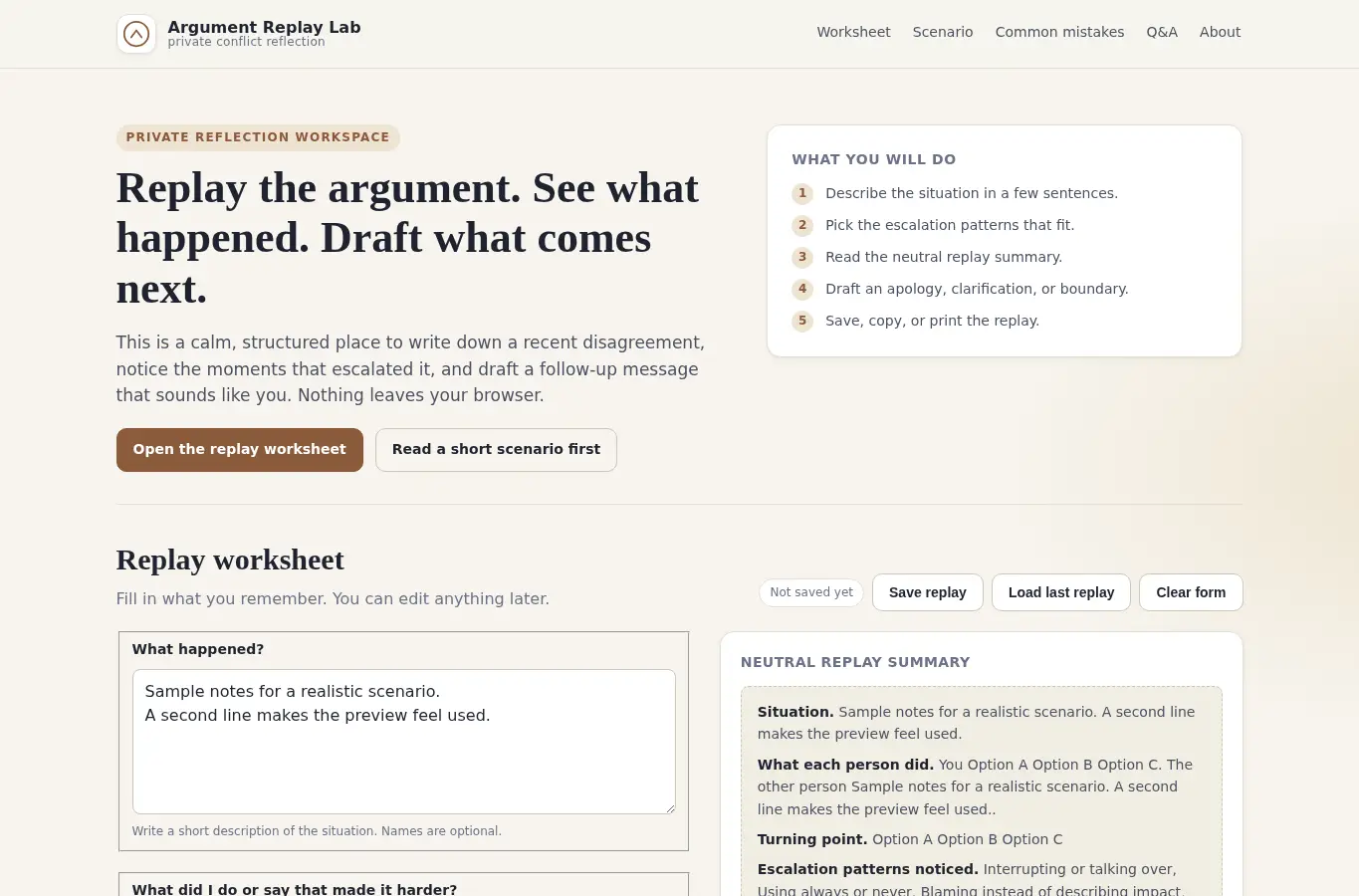 Screenshot of Personal Argument Replay Lab interface showing the project page in use